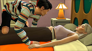 Mãe e filho asiáticos fazendo sexo na cama deitados  e se beijando